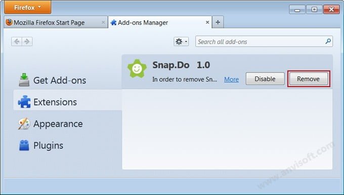 Hilangkan pilihan Snapdo dari ekstensi di Firefox