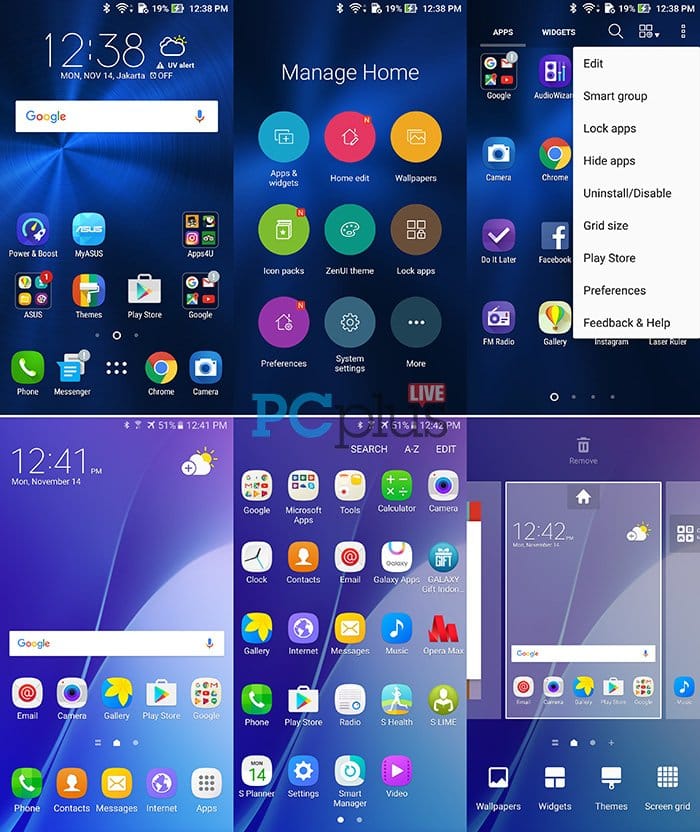 Atas: ZenUI 3.0, antarmuka milik Zenfone 3 ZE552KL. Bawah: TouchWiz milik Galaxy A7 2016.